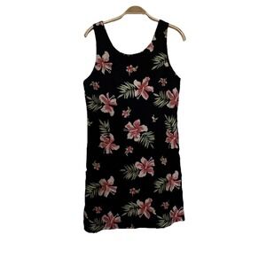 Pineapple Moon Tropical Silk‎ Dress VTG Size M Black Floral Hawaiian Hibiscus